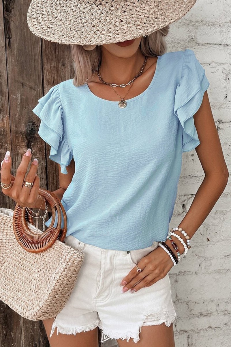 Mist Blue Solid Color Ruffled Short Sleeve Casual Blouse - Love Salve